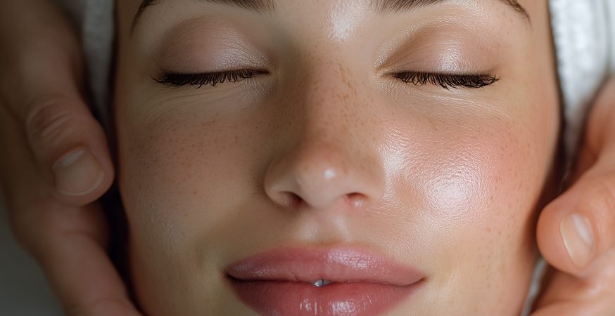 Tratament cosmetic profesional în salon, cu model relaxată și mesaj promoțional Black Friday -20% la tratamente din gamele Académie, Guinot și Bruno Vassari.